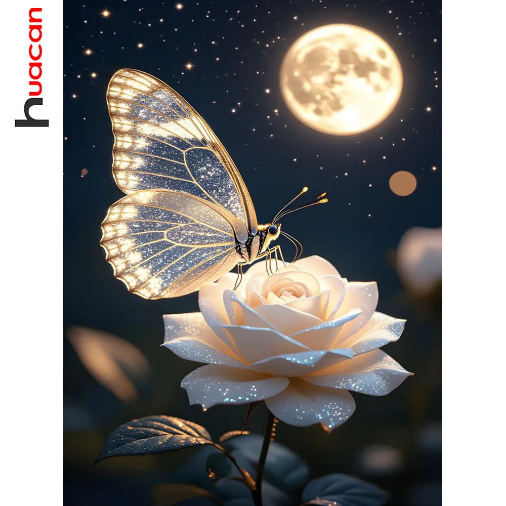 Huacan Vollquadrat Rundes Diamantgemälde Schmetterling Rose Mond Diamant Mosaik Tier Set Bild von Strasssteinen