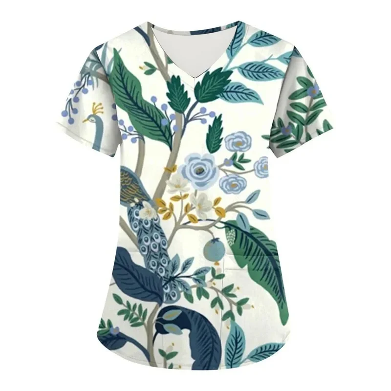 Ladies3DPrintingVShort-sleeved nurse's uniformTShirt Medical workwear with pockets for beauty salons and clinics