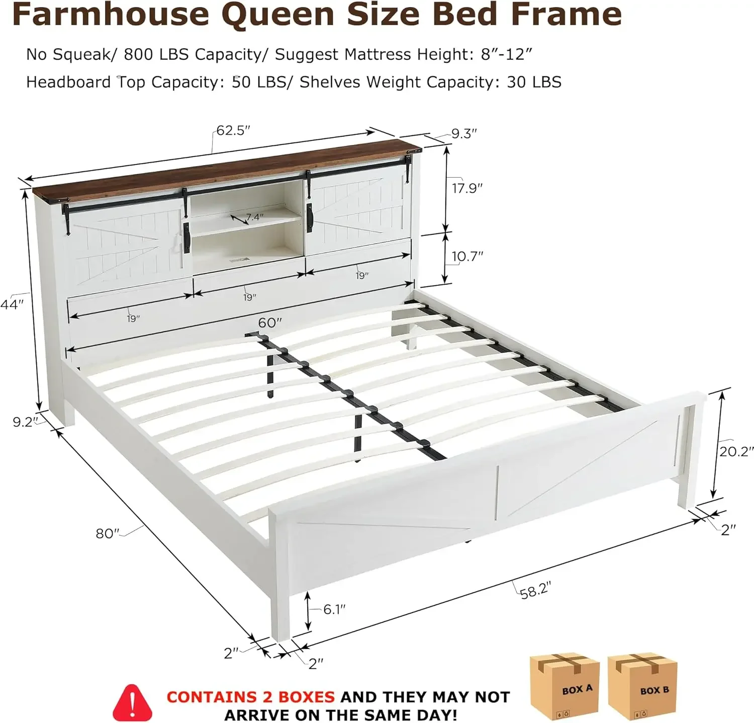 T4TREAM farmhouse large bed frame with storage bookshelf headboard, sliding barn door, charging station