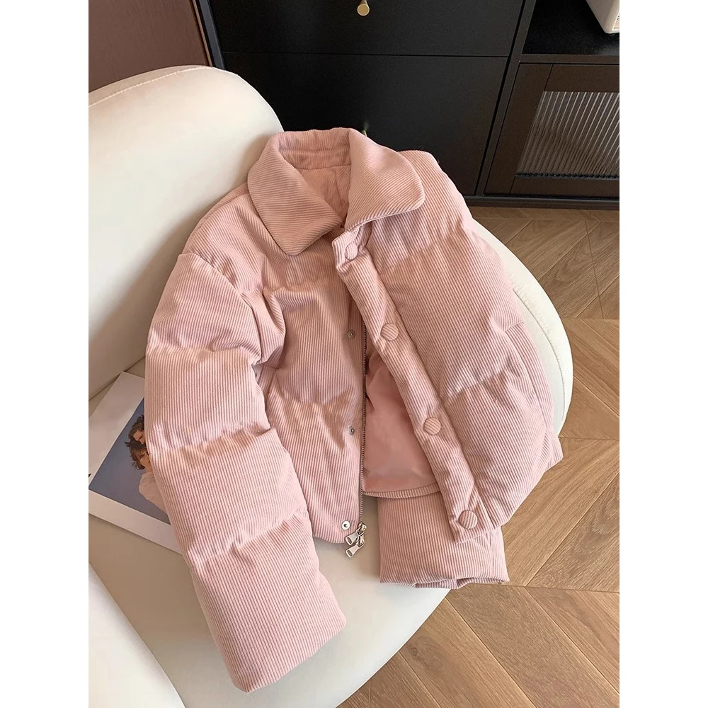 Women's Pink Winter Parkas Jacket Thicken Warm Shoujo Corduroy Padded Coat Long Sleeve Cropped Overcoat 2000s Vintage Outerwear