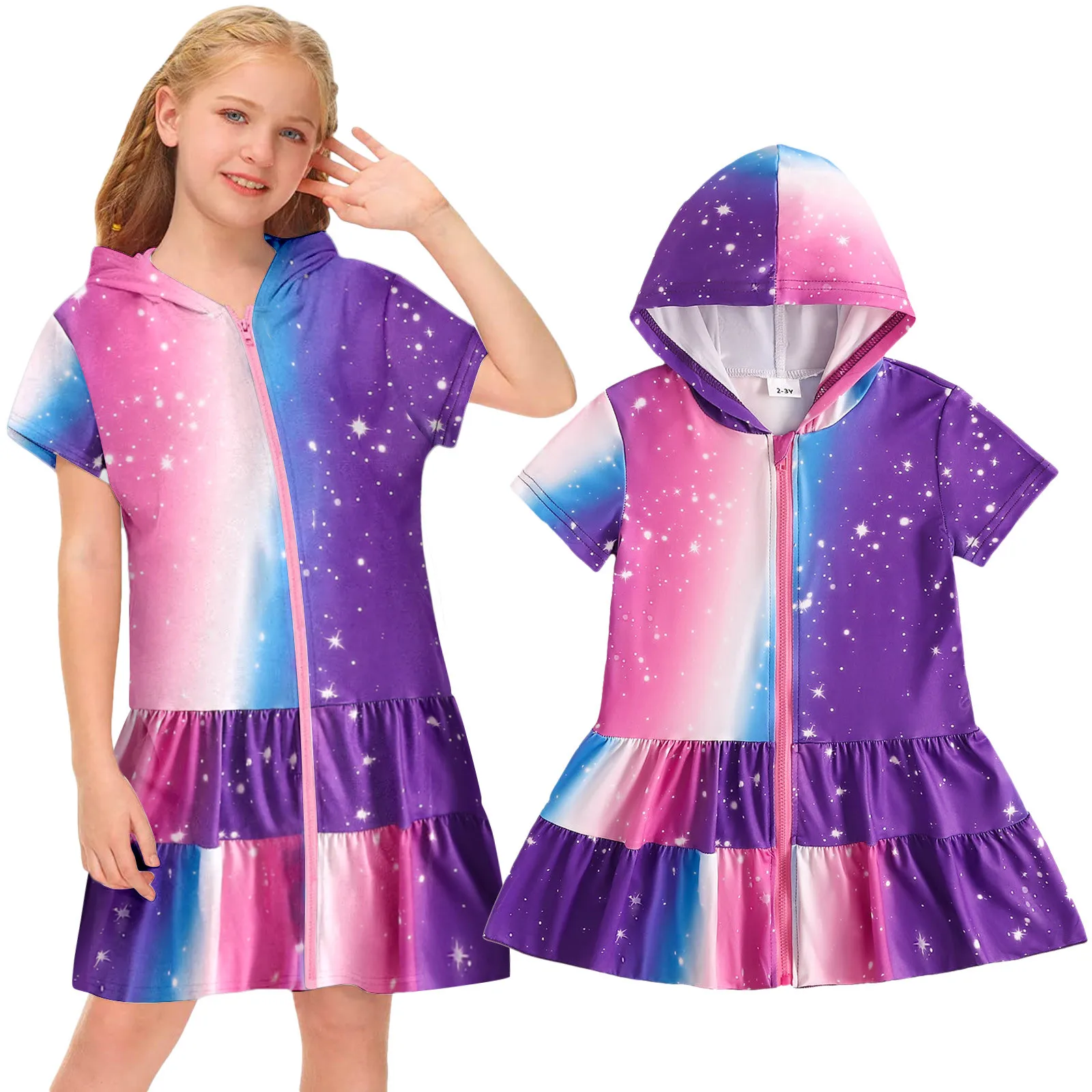 Baby Toddler Girls Summer Swimwear Hooded Cover Up Short Sleeve Print Ruffle Zipper Hooded Dress Beach Dress Beachwear 1-5 Years