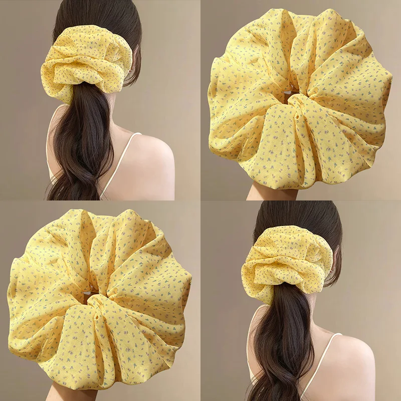 

Apricot Yellow French Floral Chiffon Large Intestine Hair In The Rain women's Gentle And high-end Bun Headband Flower
