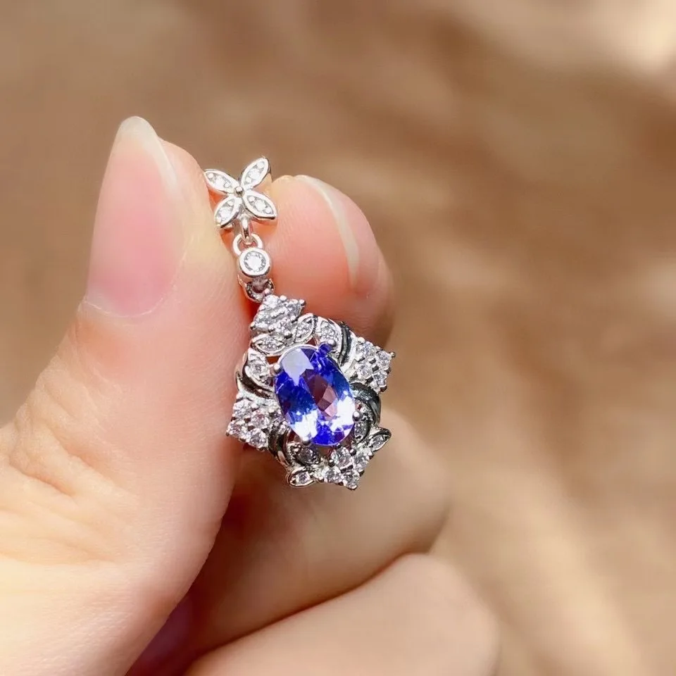

Vintage Sterling Silver Tanzanite Necklace Pendant for Party 5mm*7mm 100% Natural Tanzanite Pendant Gift for Girl Friend