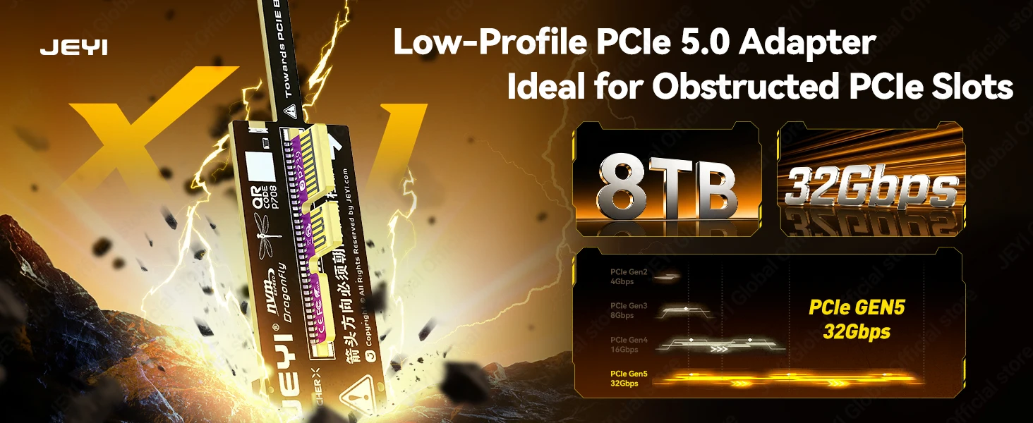 JEYI Flache PCIe 5.0 X1 zu NVMe Adapterkarte 128Gbps Kompaktes Mini-Design Ohne GPU-Blockierung für M-Key NVMe SSD PCIe X1/X4/X8/X16 – Detail 2