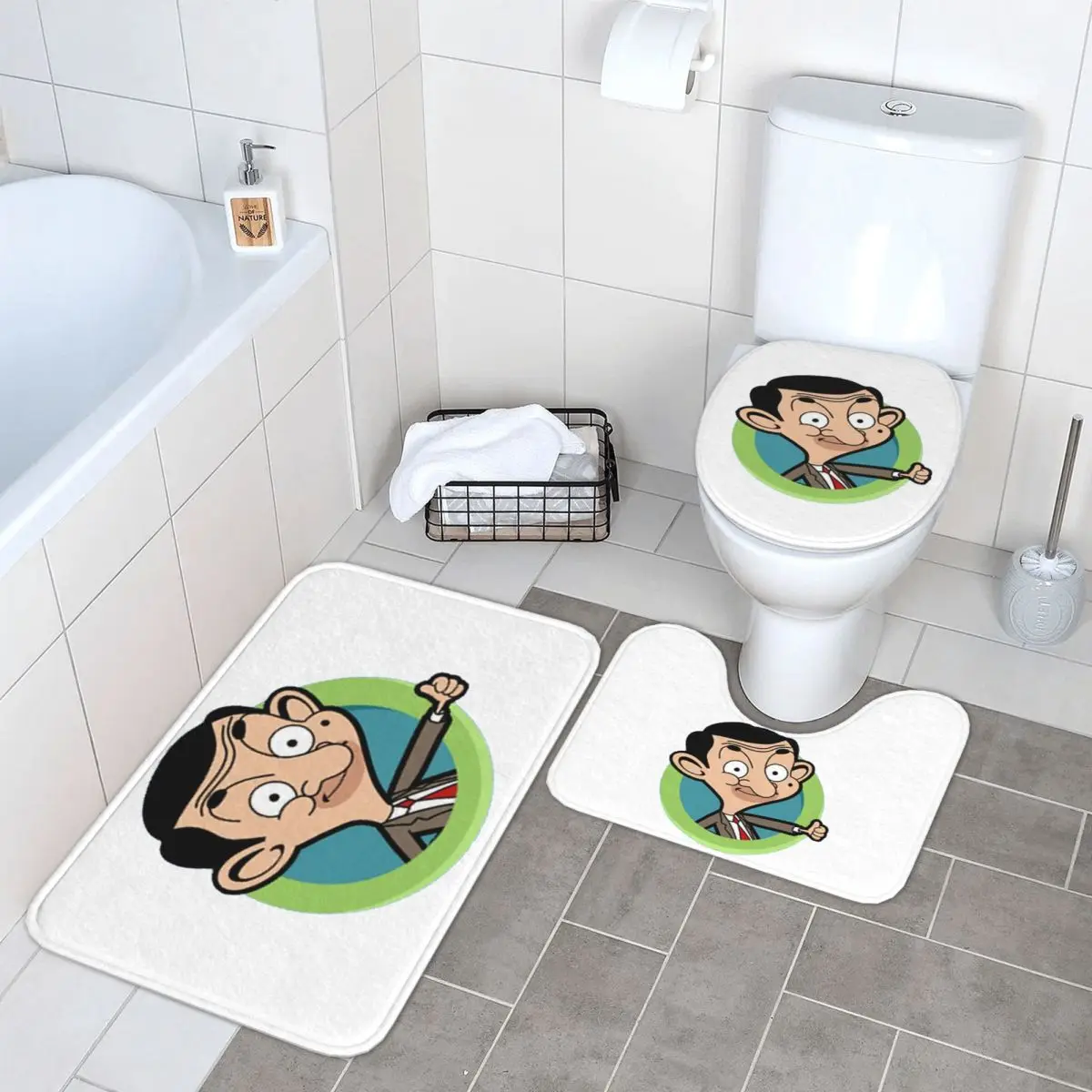 

Mr Bean (1) 3 шт. коврик для ванной комнаты, набор для ванной комнаты, крышка для унитаза, домашний декор, нескользящий ковер, напольный коврик