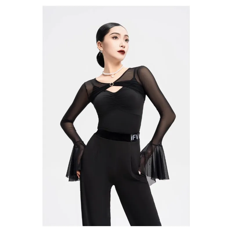 맞춤형 IFV 현대 볼룸 댄스 드레스 라틴 댄스 슬리브 캐미솔 탄성 메쉬 탑 성능 복장 여성 의류