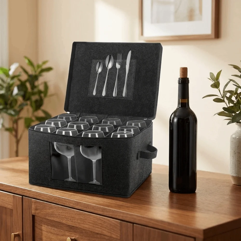 Felt Wine Glass Storage Box Hard Shell Folding 12 Goblet Finishing Box Dust-proof Space Saving Glassware Packing Box Moving