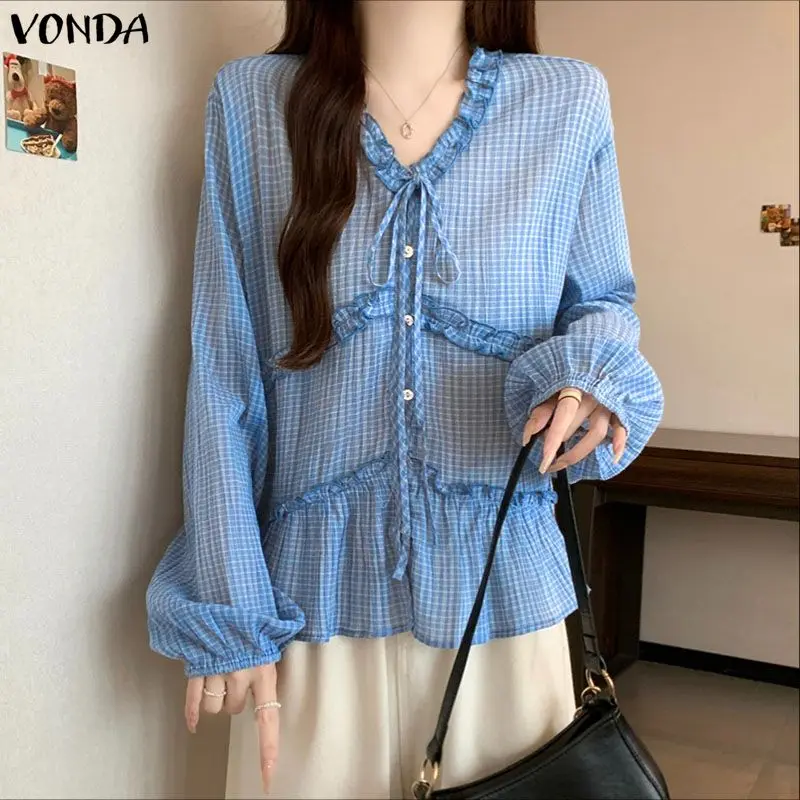 

VONDA Fashion Elegant Plaid Shirts Women's Tops Spring Autumn Long Sleeve V-Neck Office Lady Blouse Casual Bandage Loose Blusas