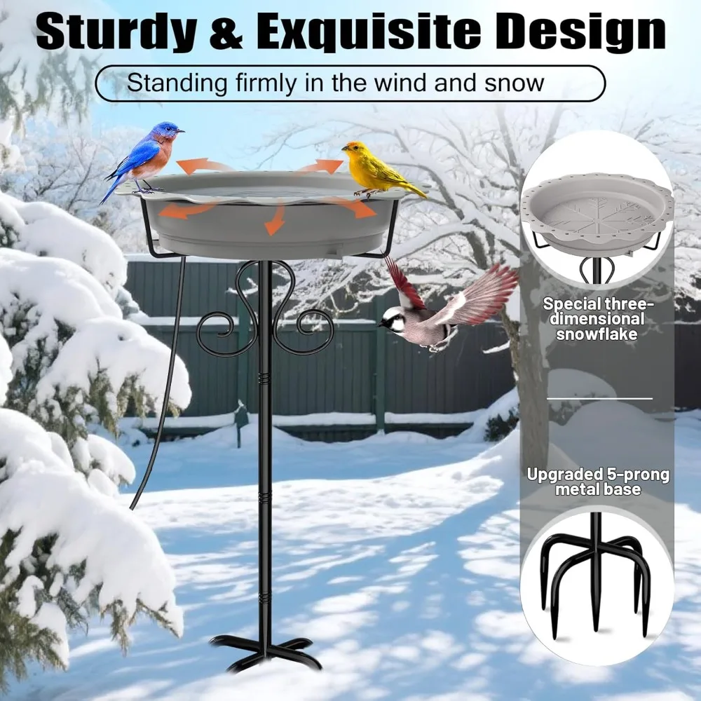 Bagno per uccelli riscaldato da 100 W per l'inverno all'aperto con controllo del termostato, base a 5 poli, ciotola grigia