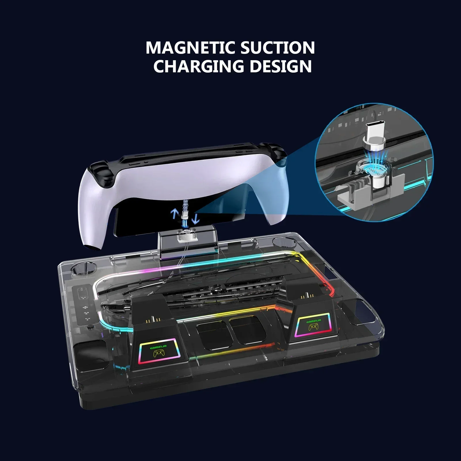 قاعدة تبريد متعددة الوظائف من GAMINJA P53 RGB لشاحن وحدة تحكم PS5slim PS5 ولشاحن مغناطيسي لمشغل PS عن بعد