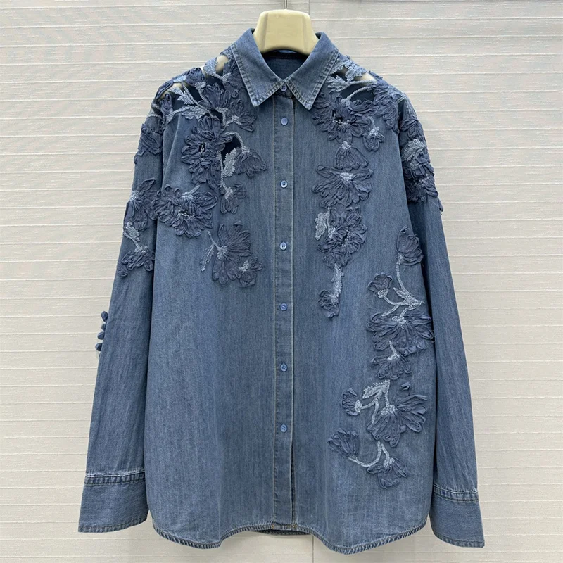 

Women's shirt New autumn 2025 single breasted slim fit pure cotton long sleeved top Lace flower embroidery Women's blouse y2k