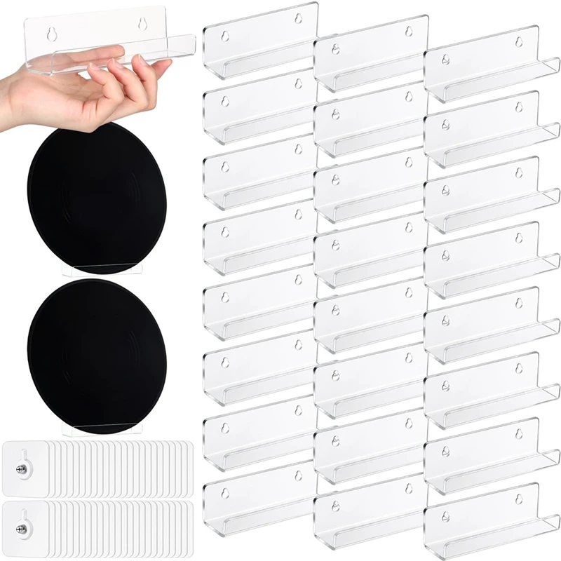 24 Pieces 7 Inch Adhesive Vinyl Record Holder Clear Album Record Wall Mount Floating Vinyl Record Shelf For Collection