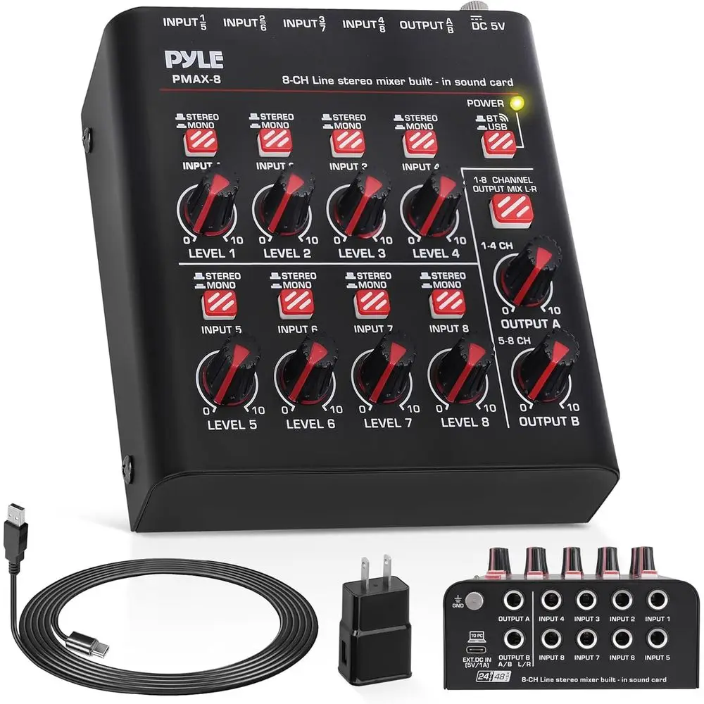 

8-Channel Bluetooth Mini Mixer with USB Audio Interface - 8 Mono/Stereo Switchable Inputs | Ultra-Low Noise Design for High Room