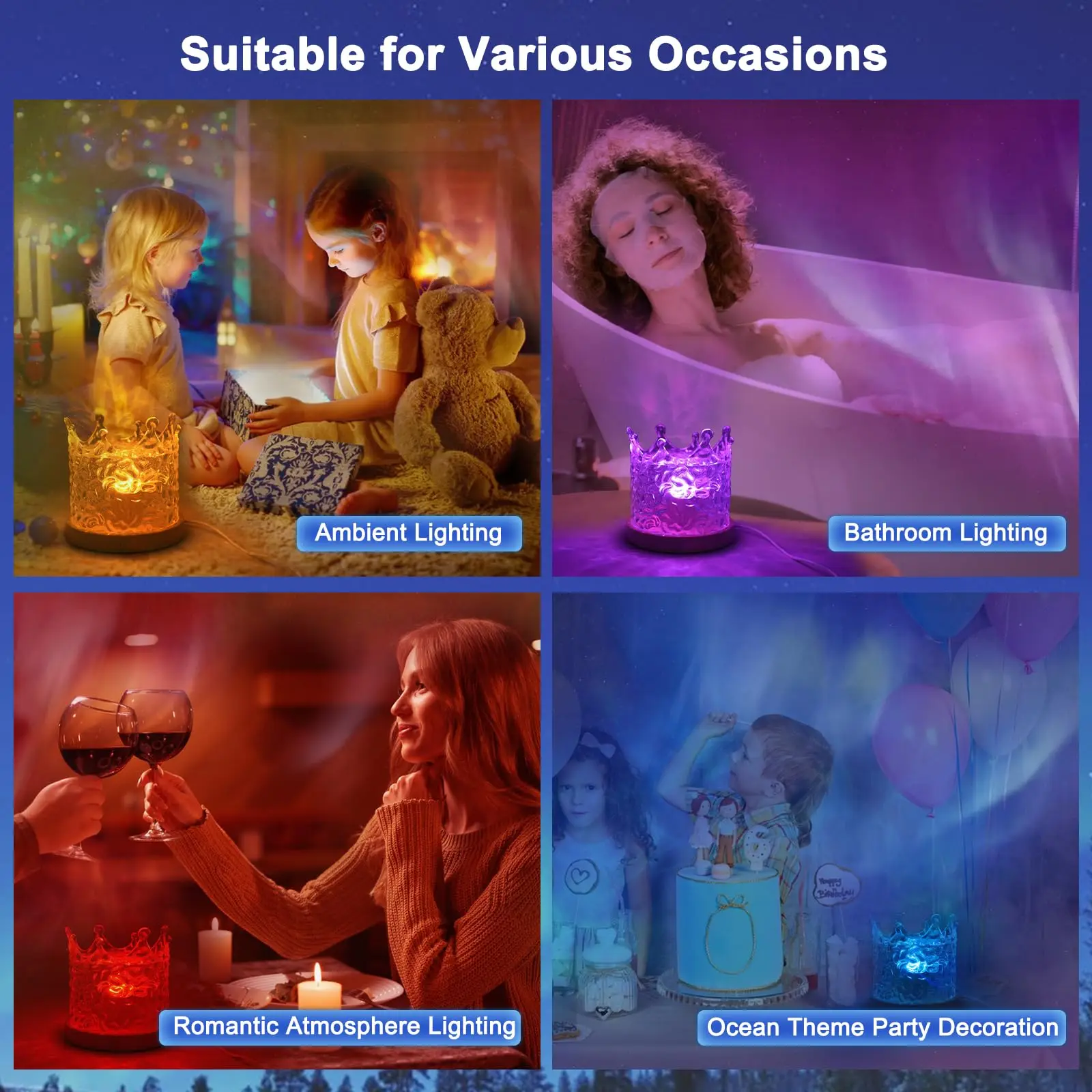 Crown Northern Lights Ocean Wave Projector Crown Light, 16 Colors Gradual Rotating Water Ripple Lamp, Wave Night Light with Remo