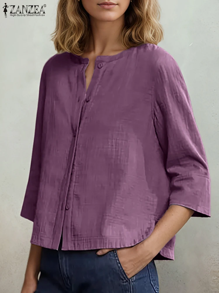 

ZANZEA Vintage Shirts Women Elegant Office Tunic 2025 Fashion 3/4 Sleeve Buttons Tops Solid Color Casual Loose O Neck Blusas