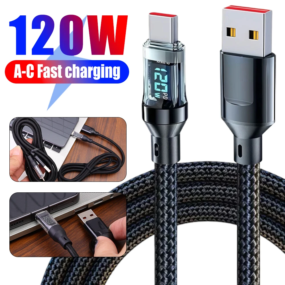 

1,5 м/2 м 120 Вт USB-кабель для зарядного устройства типа C, быстрая зарядка, цифровой дисплей, провод для быстрого зарядного устройства для Xiaomi Samsung, планшета, ноутбука