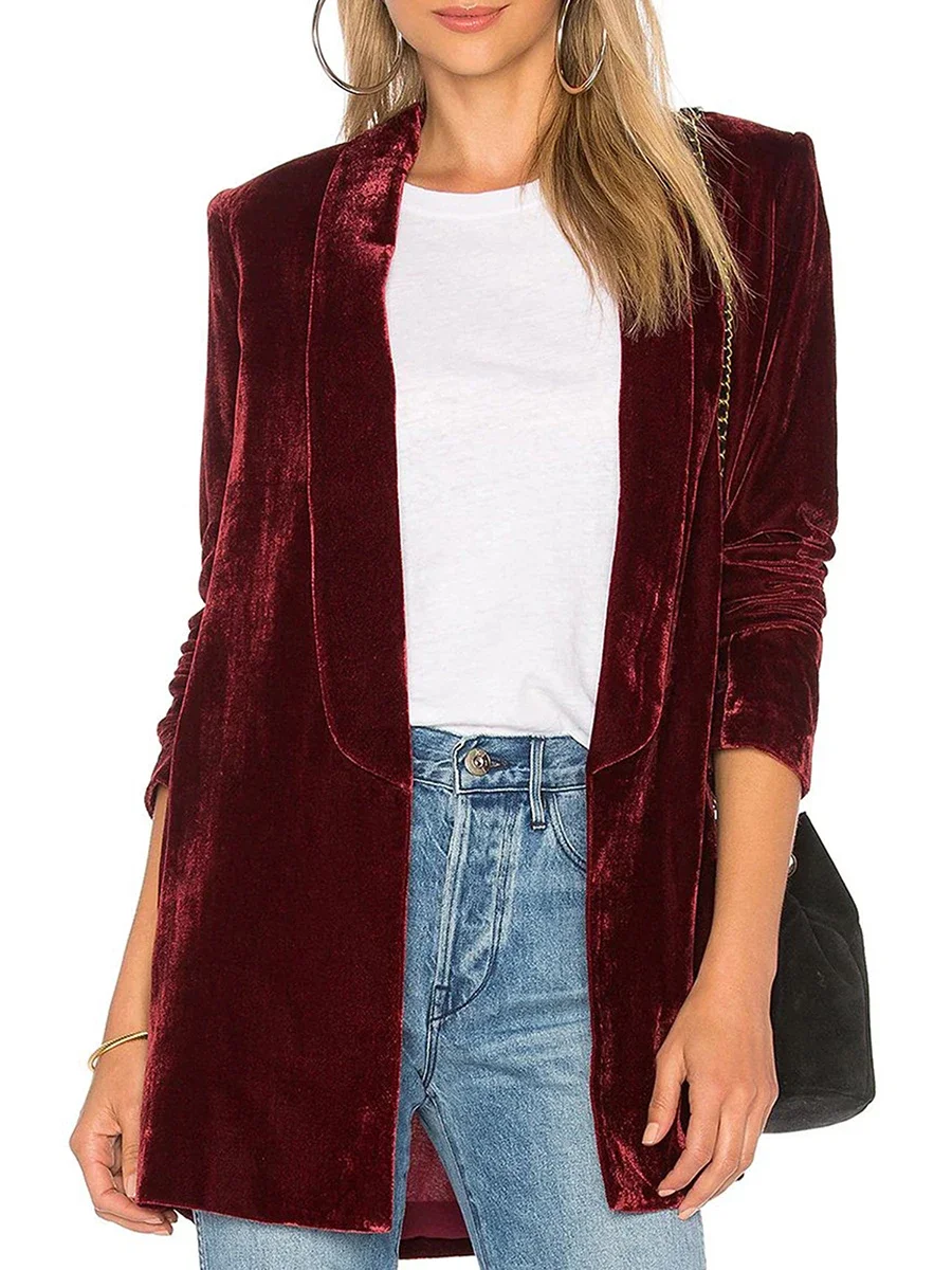 Blazer décontracté en velours doré pour femme, manteau cardigan, veste trempée à revers, devant ouvert, manches longues, document solide, loisirs et affaires