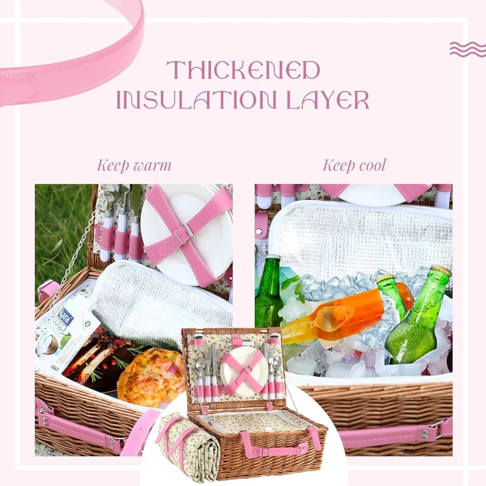 Picknickkorb für 4 Personen, Picknick-Set mit Weidenweberei