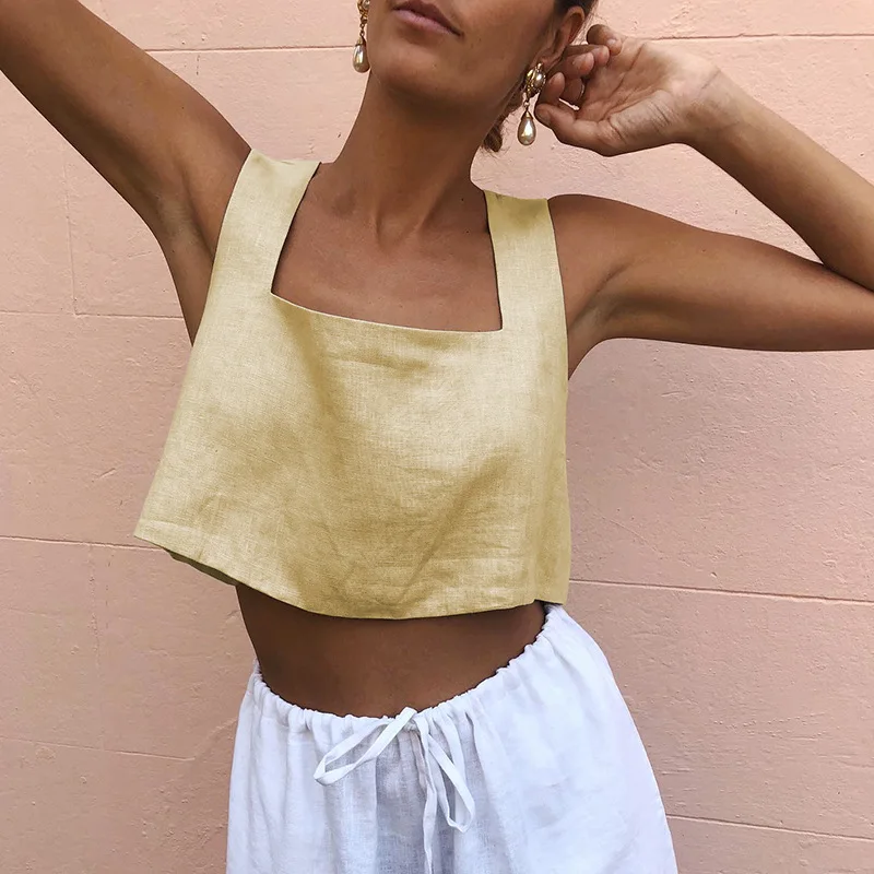 French 100% Linen White Crop Top 2025 Summer Vintage Square Collar Sexy Sleeveless Streetwear Black Top Fashion Girls Clothing