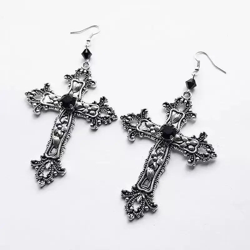 Punk Dazzle Goth detail Crucifix Black Zircon Jewelry Earrings Silver jewelry stylish gorgeous women's classic gift