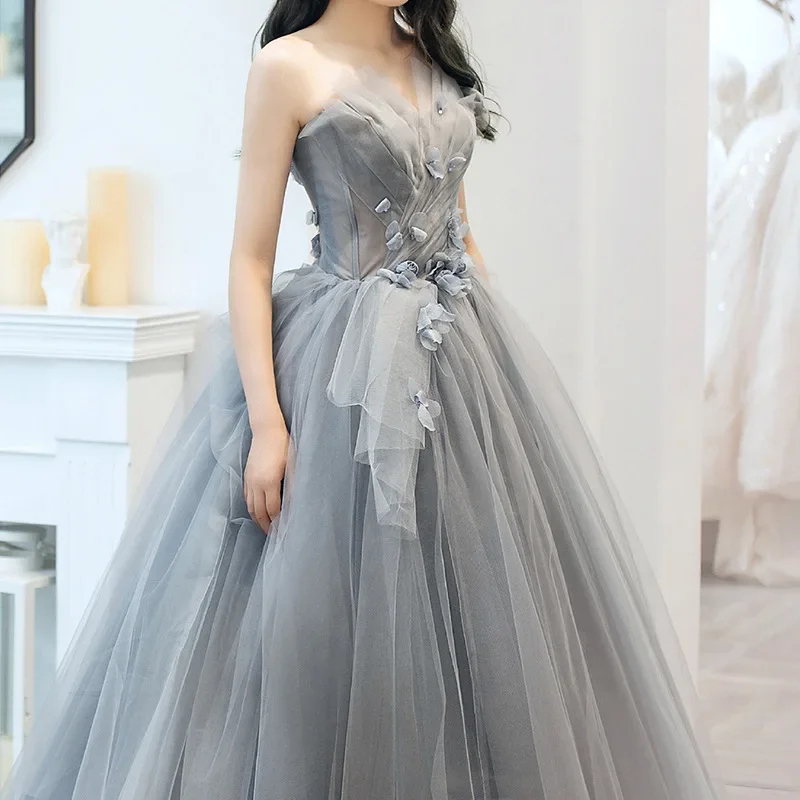 Customized Customized Exquisite Mesh Design Strapless Wedding Party Dress Draped Ball Gown Appliques Waist Prom Vestidos 2024 Ev