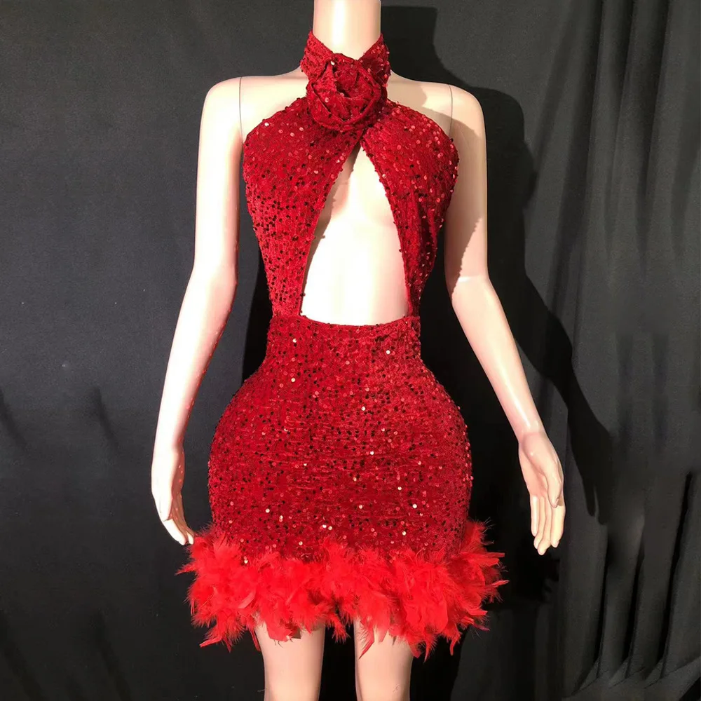 Collo con paillettes Gonna anca di piume Festa di compleanno Sera Abito da spettacolo teatrale Abiti per le donne Плаkoa Чkolное С Выulukм На Н®ге