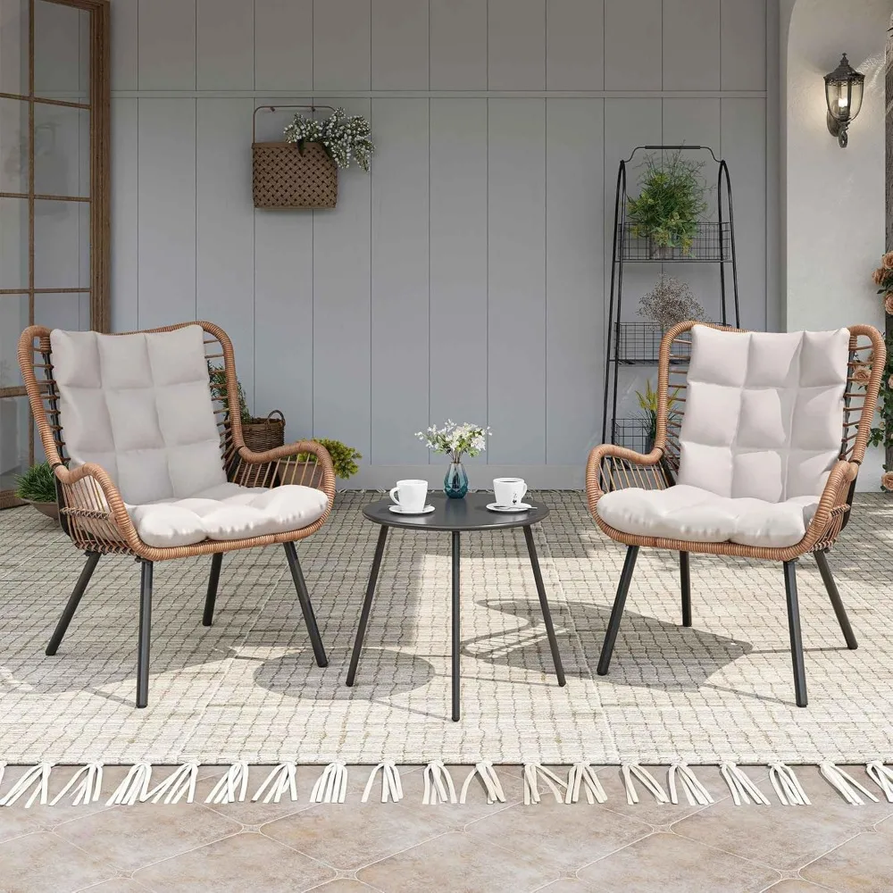 

3 Piece Outdoor Bistro Set,Small Patio Furniture Set with 2-Tier Coffee Table and Thick Cushions,Front Porch Furniture for Lawn