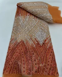 African Beaded Lace Fabric French Tulle Lace 2025 High Quality Lace French Sequins Beads Fabric For Women Wedding Party Dress