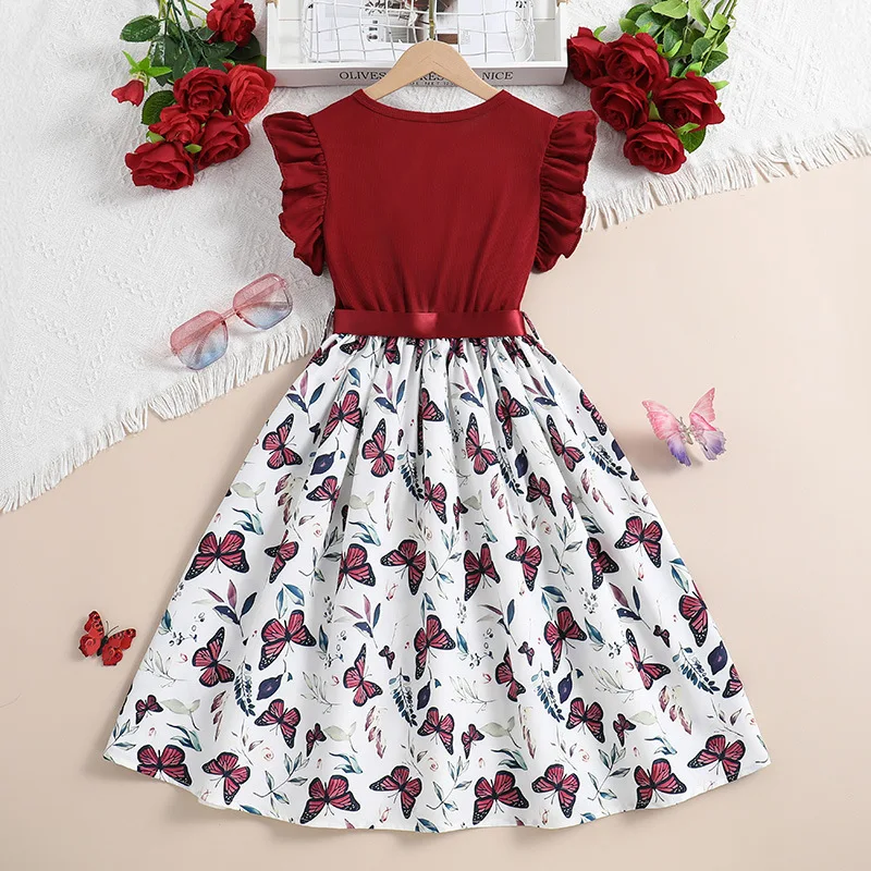 6 8 10 12 Years Teenagers Fashion Girls Dress 2024 Summer New Full Print Butterfly Splicing Party Dress For Kids