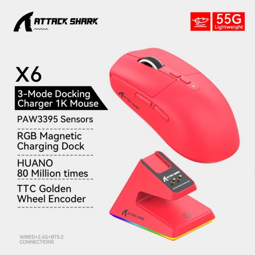 X6 PAW3395 Wireless Bluetooth Mouse 3-Mode Connection 26000DPI RGB Touch Magnetic Charging Base Macro Gaming Mouse for Laptop