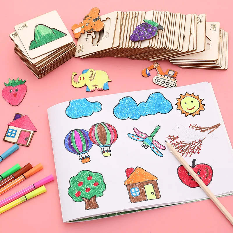 Children's Wooden Painting Template Kindergarten Puzzle Card Hollow-out Graffiti Toy Boys and Girls Drawing Tool Set