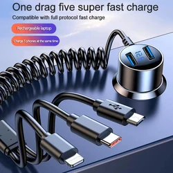 Dual port fast charging car charger with real-time voltage digital display retractable charging cable for iPhone Samsung