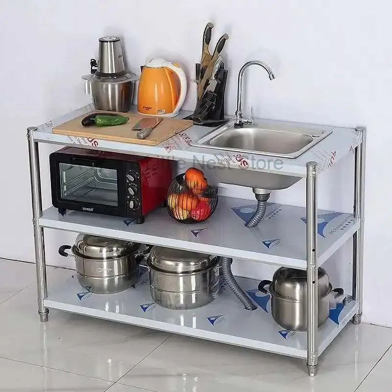 Fregaderos de cocina de almacenamiento comercial, accesorios de cocina de acero inoxidable, lavabo de jardín para balcón con soporte, estante para fregadero de tres niveles