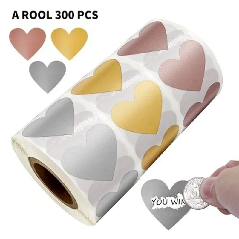 300 Sheets/roll of Heart-shaped Scratch Labels Rose Gold School Stickers Thank You Cards for Package Stationery Theacher DIY