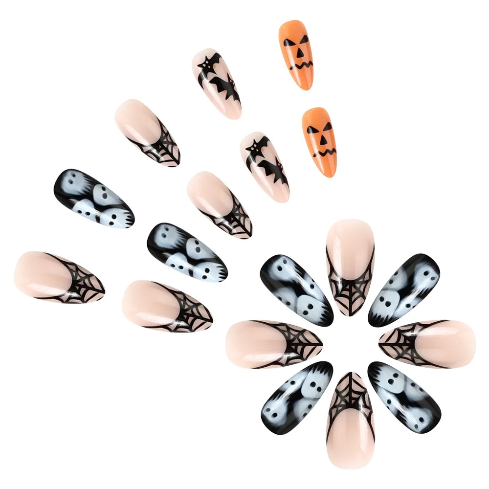 Faux ongles en forme d'amande pour Halloween, autocollant à ongles réutilisable, noir brillant, chauve-souris, Aliments, fantôme, araignée, nouveau, boîte de 24 pièces