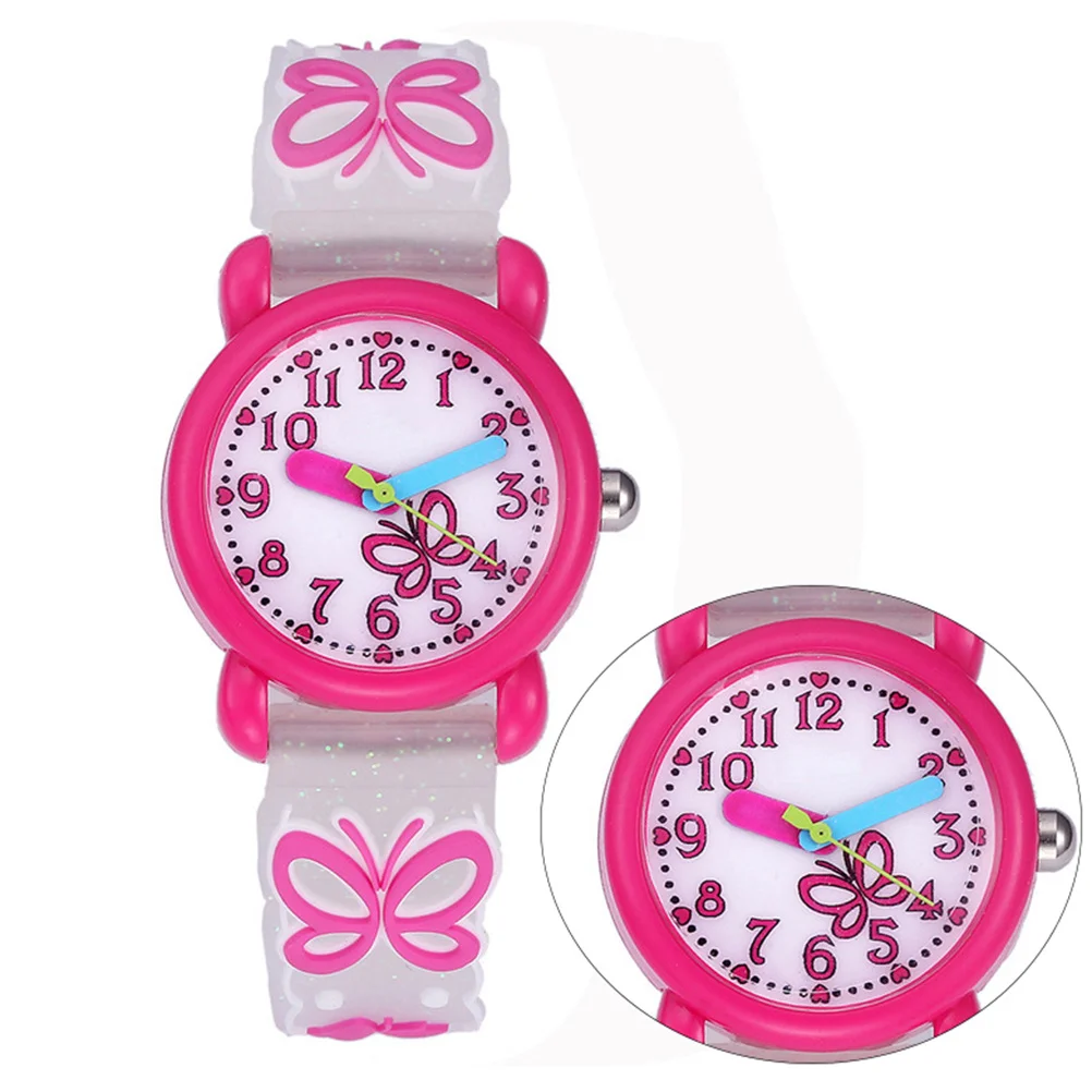 Fundo branco rosado 3D desenho animado dinossauro padrão pulseira de silicone relógio de pulso de quartzo à prova d'água presente para borboleta