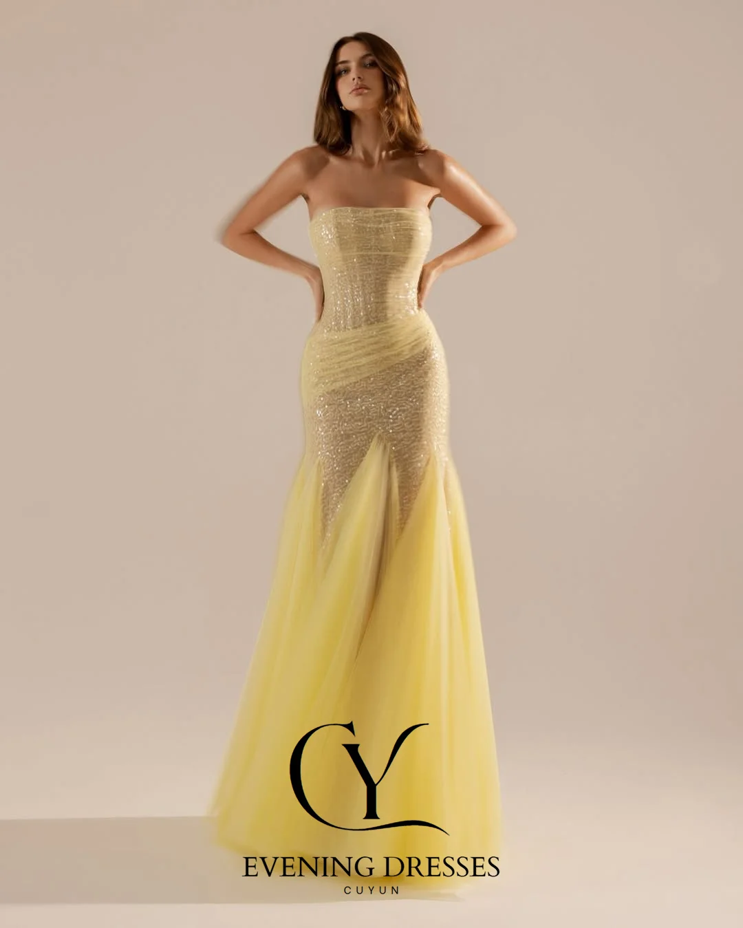 CUYUN 2025, luxuriöse Damen-Partykleider, elegante Meerjungfrau, Pailletten und Tüll, gelbes Abendkleid, individuelle Geburtstags-Abschlussballkleider