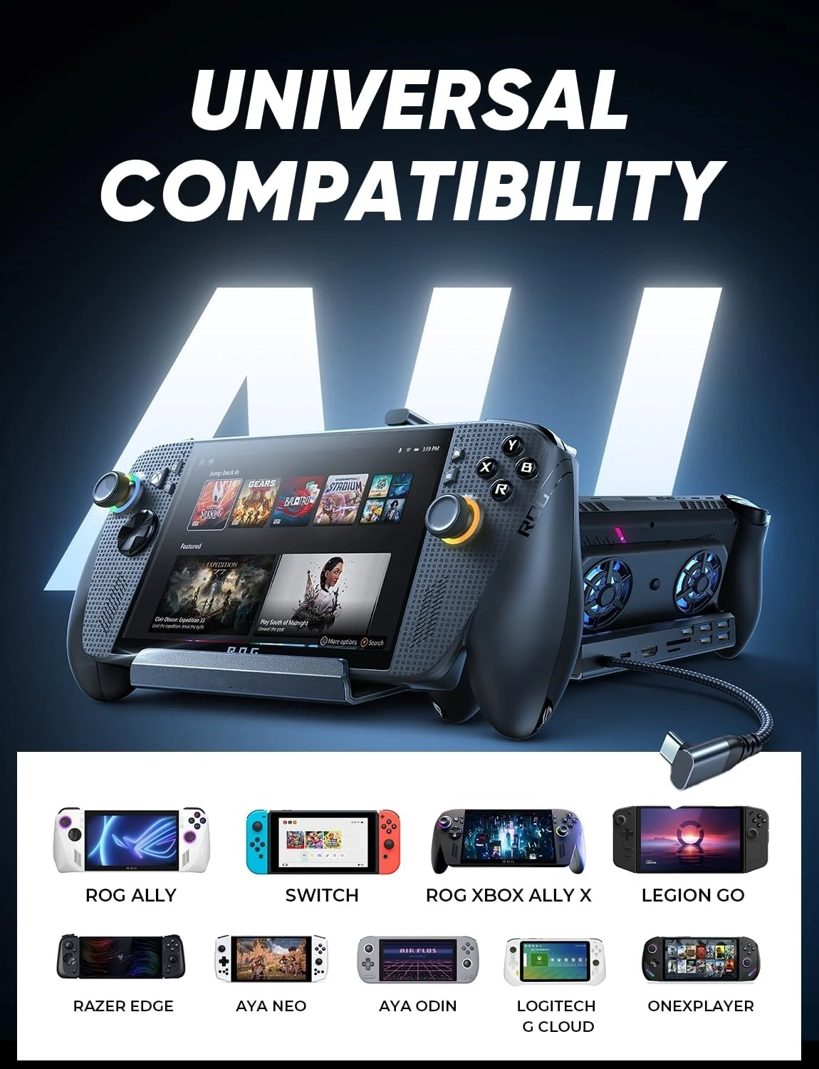 ROG Xbox Ally X (2025)/ROG Ally Dock, 13-in-1 Dual Cooling Fan Docking Station 4K@60Hz 100W Charging Port for ASUS ROG Ally X