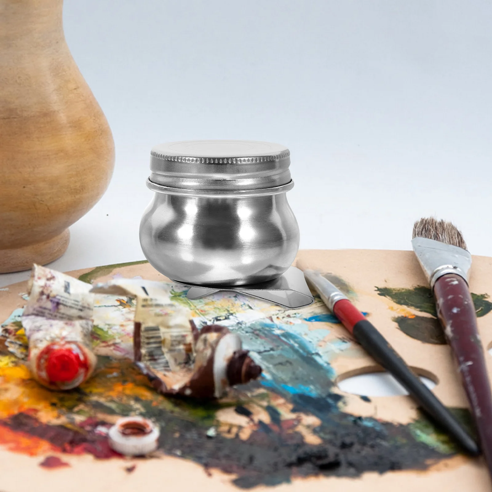 

2pcs Stainless Steel Palette Cups with Lid for Artists Portable Reusable Paint Mixing Cups Large Double Hole Design Oil Painting