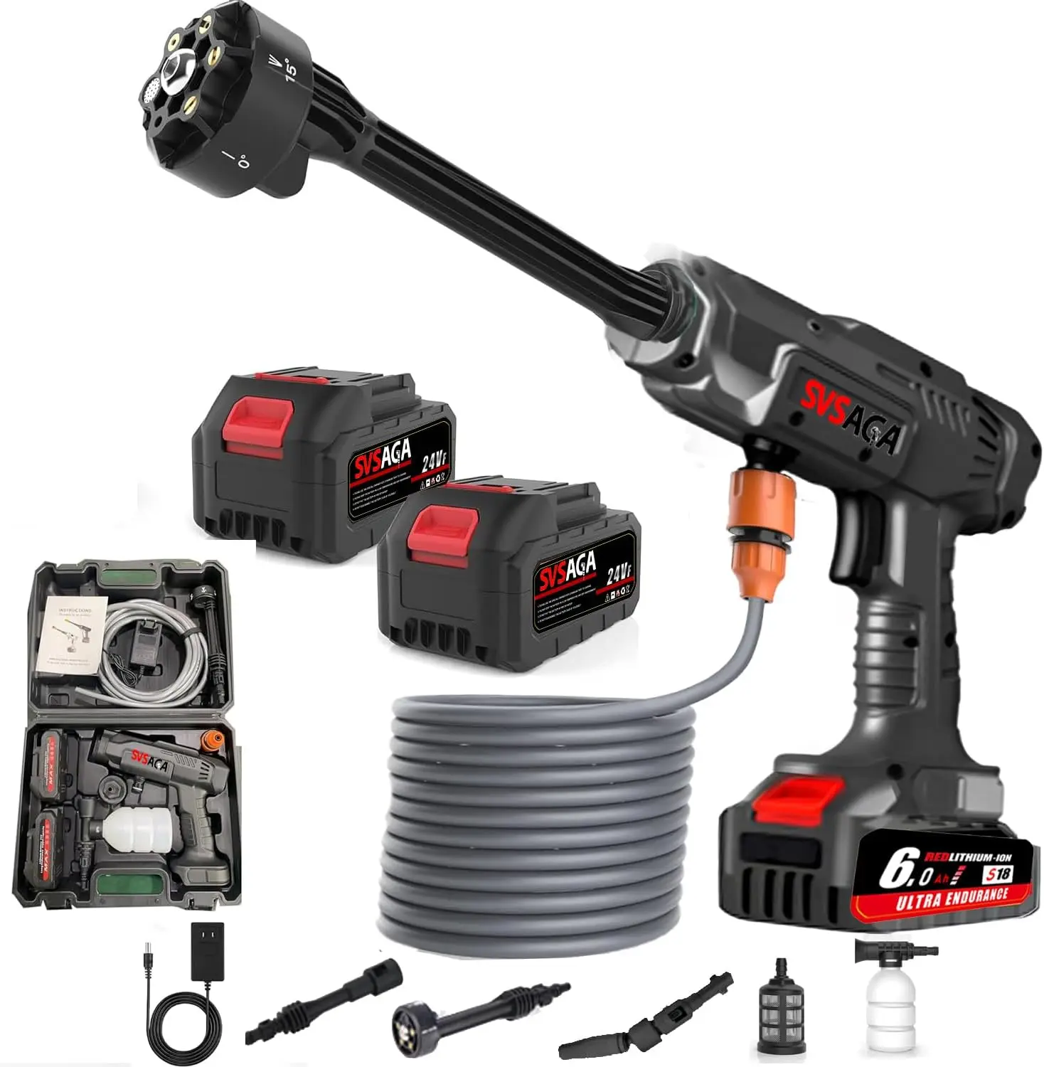 

Аккумуляторная мойка высокого давления SVSAGA, 24 В, 1100 фунтов на квадратный дюйм, 2x6,0 Ач, быстрое зарядное устройство, 180 шт. ° Поворотная насадка 6-в-1 для автомобилей и дома