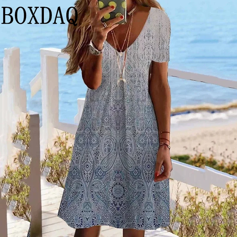 Vestido Vintage con estampado étnico para mujer, ropa holgada de manga corta con cuello en V, talla grande, informal, Floral, 2024