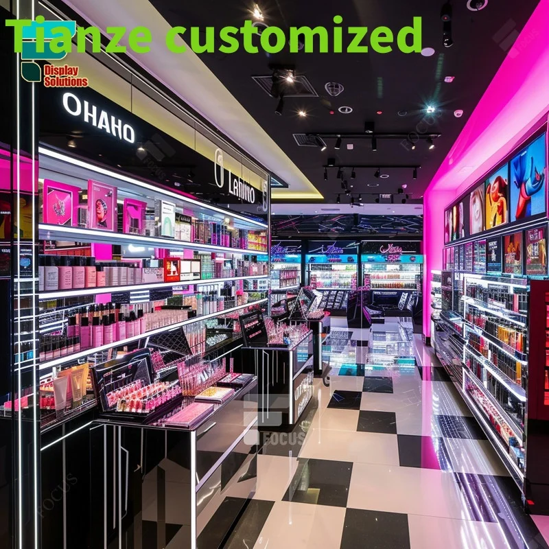 

Customized-cosmetic shop showcase perfume kiosk display wig shop design beauty retail display