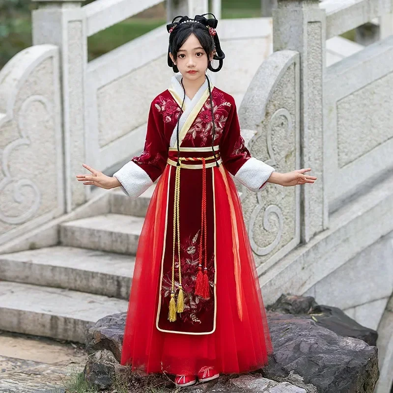 

Girls Fairy Hanfu With Cloak Children Warm Tang Suit Kids Winter Plus Velvet Embroidery Party Dress Chinese New Year's Clothing