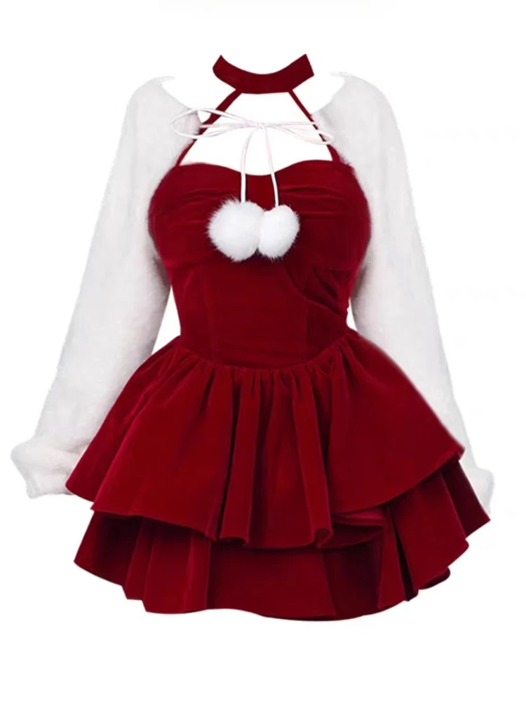 2024 Spring Japanese Style Lolita Kawaii Suit Sweet Fashion Set Woman Casual Short Cardigan + Red Slim Y2k Mini Dress Design