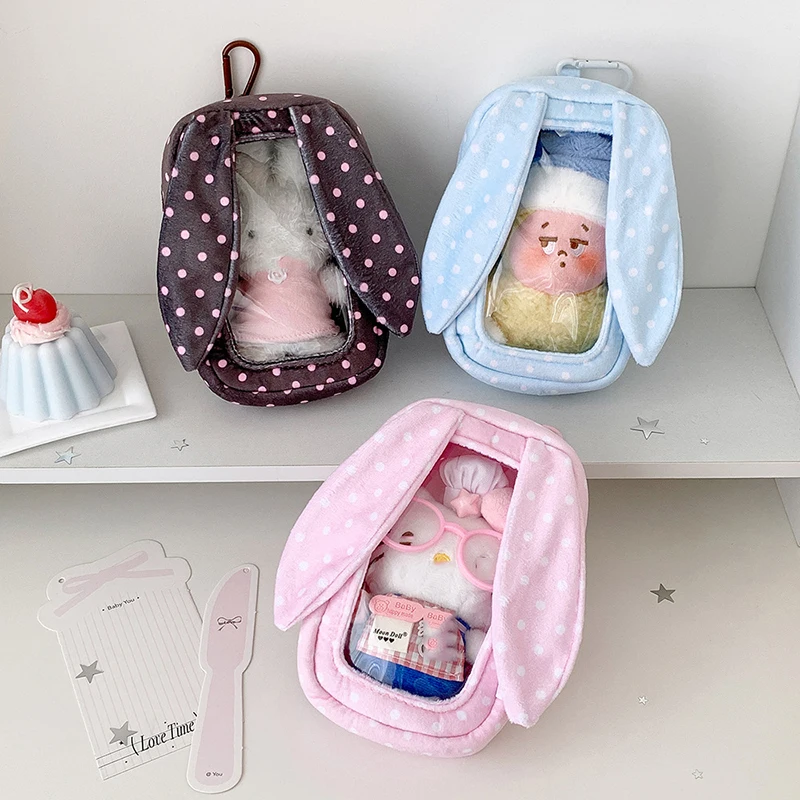 Cute Polka Dot Bunny Ear Doll Display Bag Plush Doll Carry Pouch Pendant, Can Store Small Dolls & Mini Items