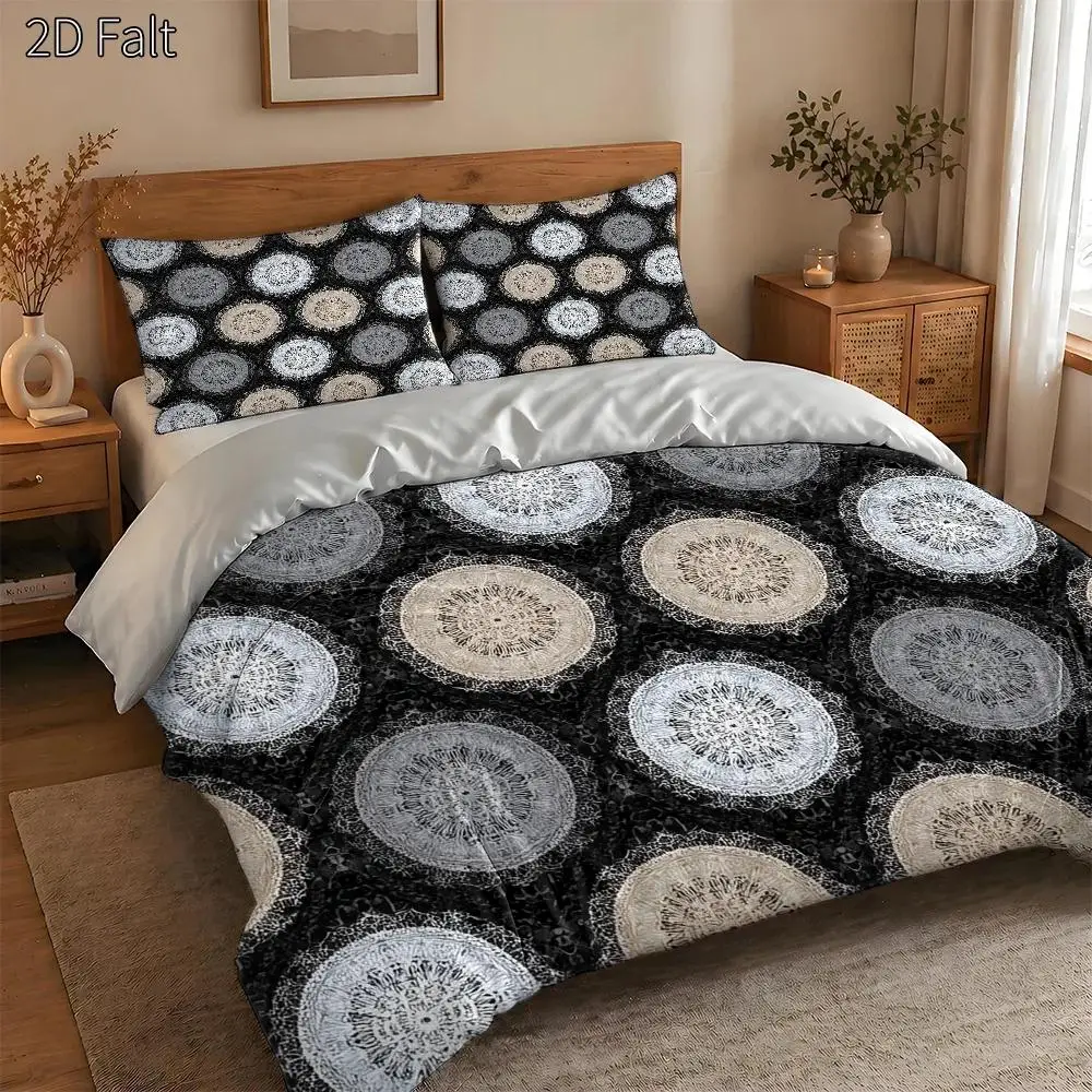 3-Piece Bedding Set with Pillowcases and Duvet Cover, 1 Duvet Cover + 2 Pillowcases (Without Filling) 2D Flat Priting, 3-Piece Duvet Cover Set, Vintage Circular Geometric Symmetrical Pattern, Hand-Painted Watercolor Style, Halloween Decoration Theme, Ultra-Soft Printed Duvet Cover Set 3 Pieces Bedding Set Quilt Cover