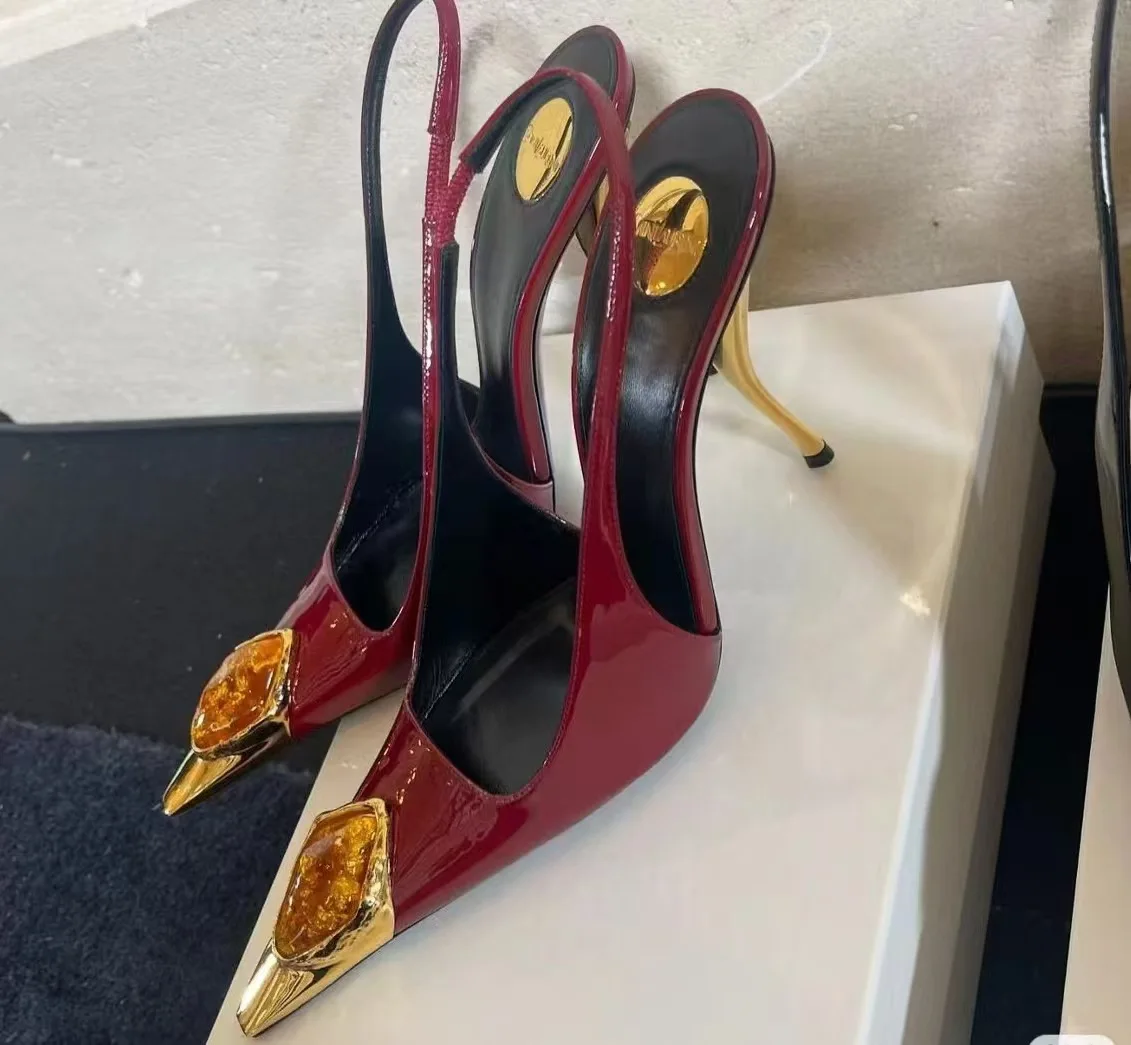 New Spring and Summer Women's High Heels High-end Metal Square Head Patent Leather Stiletto Comfortable Back Sandals