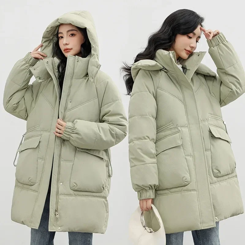 2024 Nieuwe Winterkleding Vrouwen Lange Katoenen Jas Rits Losse Schort Jas Zwart Beige Dikke Thermische Schort Parka Winddichte Bovenkleding