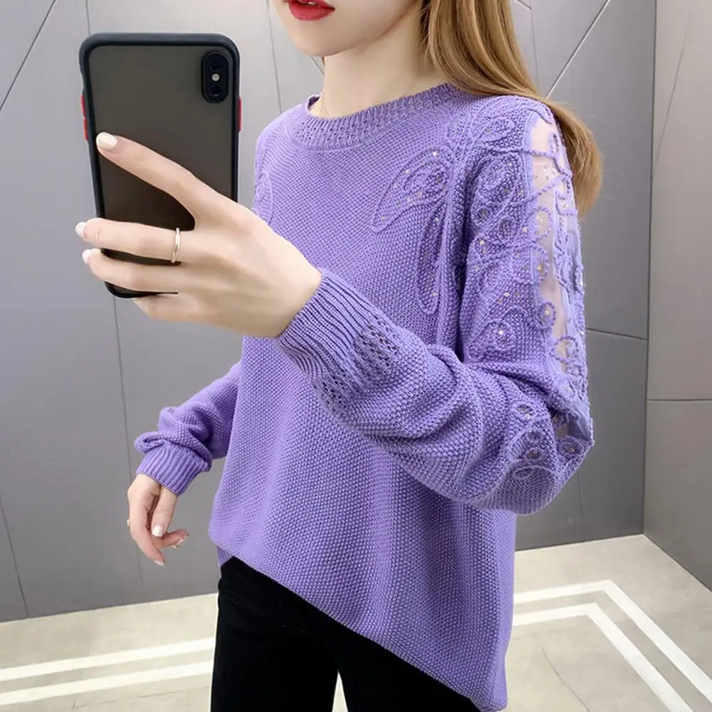 Popular Casual Sweater Sequins Decor Loose Fit Lady Lace Stitching Knitting Sweater  Skin-Touch Pullover Sweater Daily Clothing