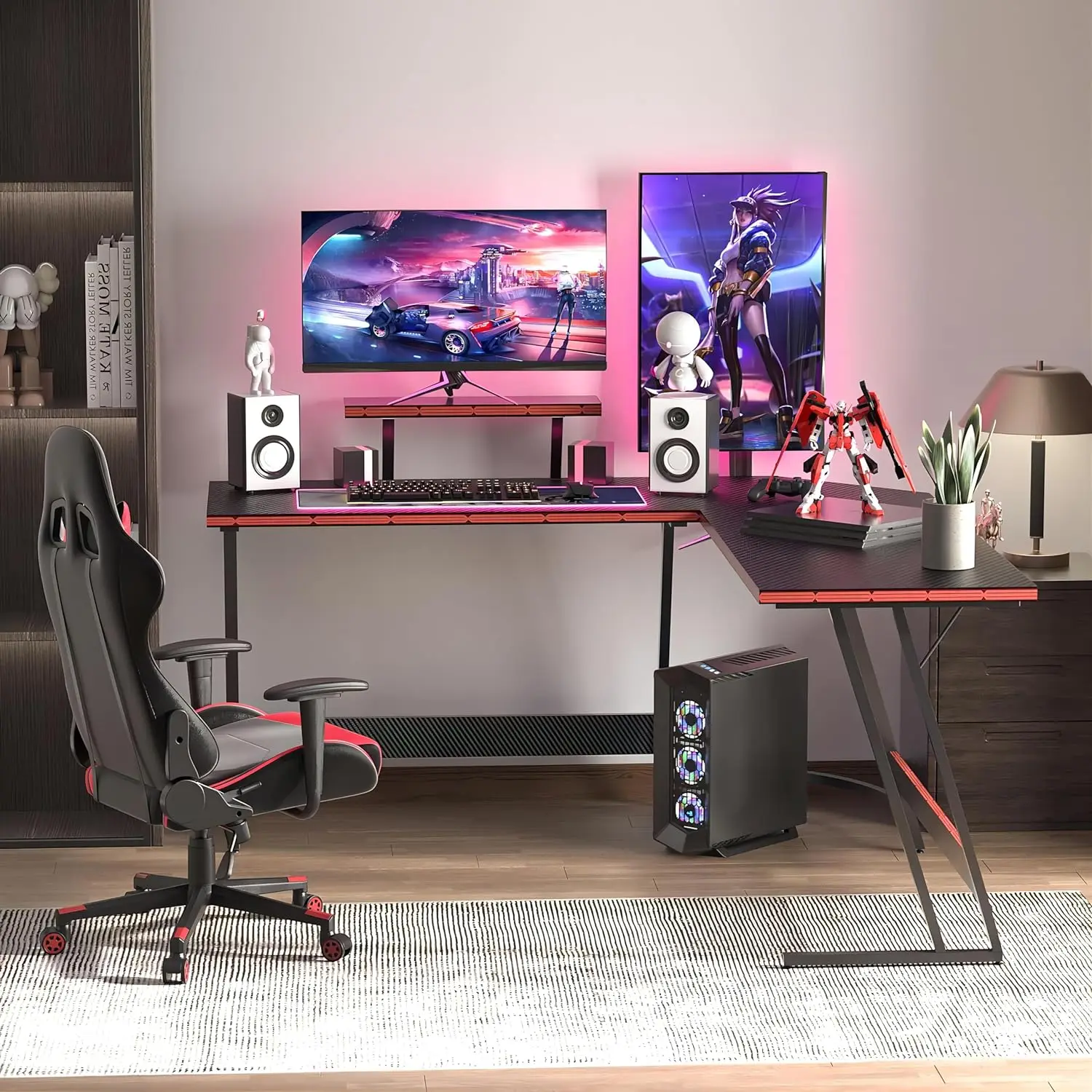 Bureau de jeu en forme de L, table d'angle pour ordinateur de 51 pouces avec grand support de moniteur et surface en fibre de carbone, noir